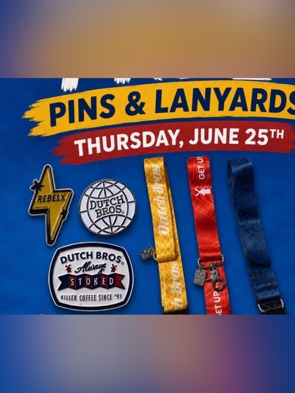 Dutch Bros Yellow Lanyard with Dutch Bros Enamel Pin - Picture 2 of 2
